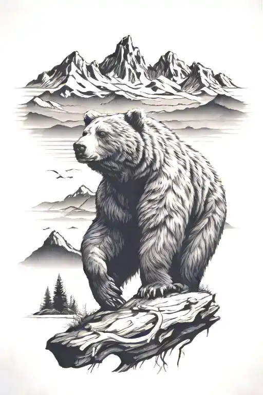 Bear By A Tree With Mountains In The Back Ground