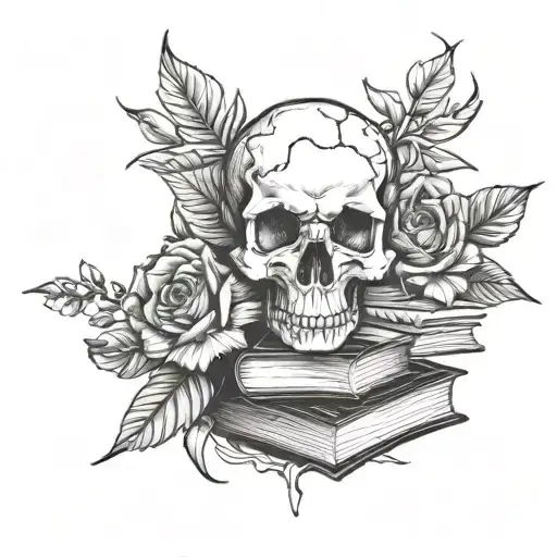 A Stack Of Books With A Skull Resting On Top And Flowers Blooming Around It