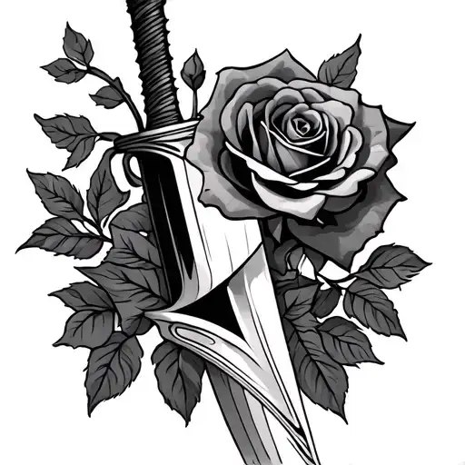 Tattoo Design In The Shape Of A Sword And Rose Growing