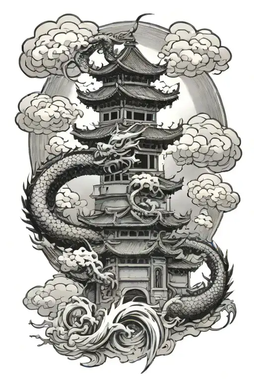 Chinese Dragon Circling Around A Rural Japanese Tower With Clouds And Lightning In The Backdrop