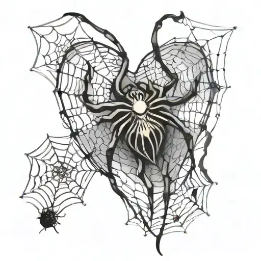 Spiderweb Patterns Surrounding A Heart And A Spider Hanging From It With Finger Skeletons