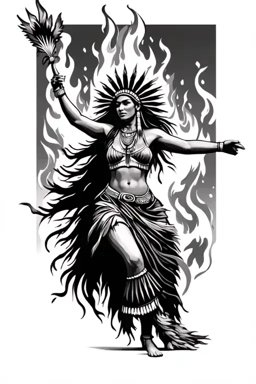 American Indian Woman Dancing Around Fire