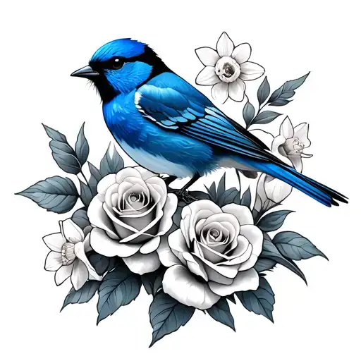 Blue Bird Sitting On Roses And Daffodils