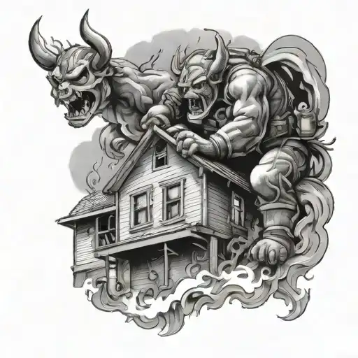 Firefighters Fighting A Fire That Has The Face Of The Devil On Top Of A Burning House