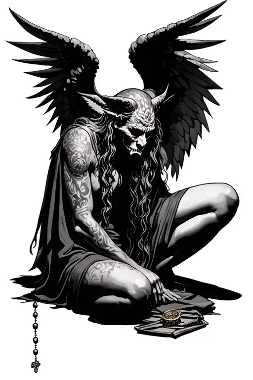 Demon With Angel Wings On Knees With Rosary
