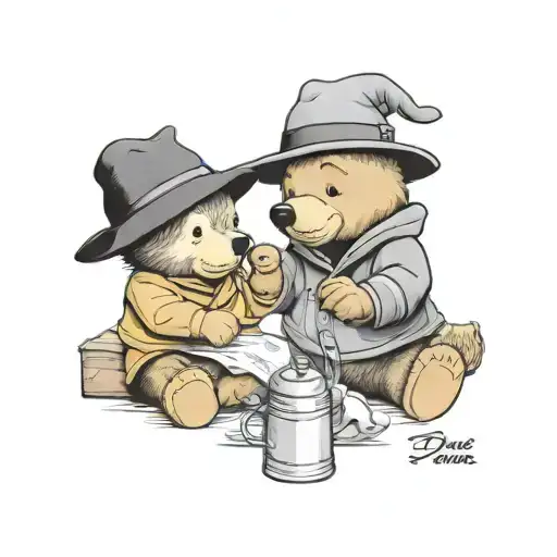 Paddington Bear Having A Sandwich And Winnie The Pooh With A Pot Of Honey