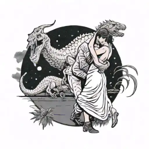 Man Protecting Wife In White Dress In Parking Lot While Full Moon And Raining Against A Trex