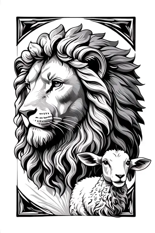 Lion Head Side Profile With Jesus And Lamb Underneath