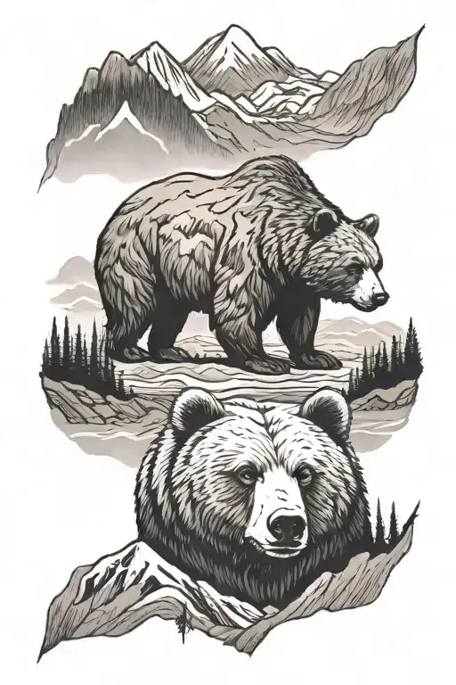 Bear And Mountains River Taiga