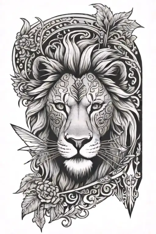 Half Of A Lions Face With Ukrainian Embroidery As Its Mane And Split With An Arrow