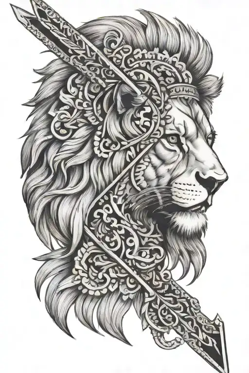 An Arrow That Splits A Lions Face With Ukrainian Embroidery As Its Mane