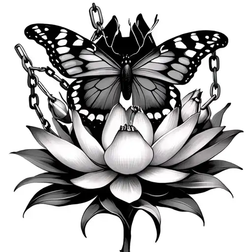 Butterfly With Broken Chains On A Lotus Flower With 4 Buds