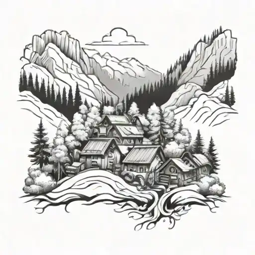 Village Nestled In Forest Mountains Range