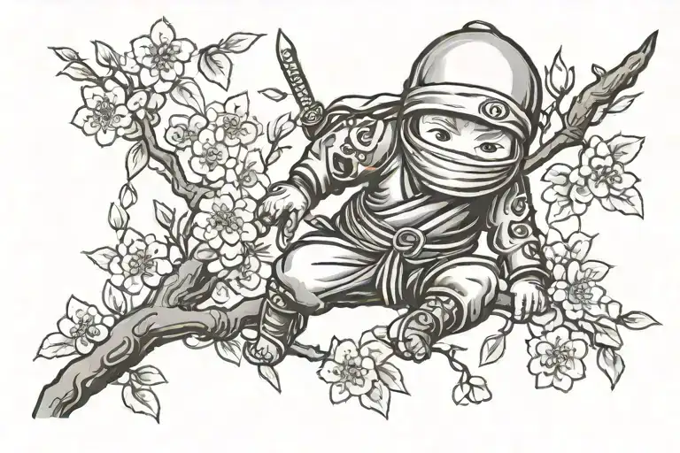 Baby Ninja With A Dummy Under A Cherry Blossom Tree