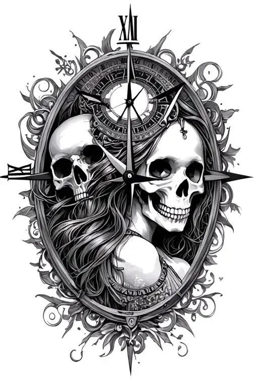 Compass Clock Skulls Lady