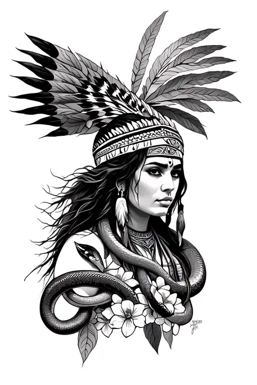 Pretty Native American Warrior With Snakes And Flowers Wrapped Front On