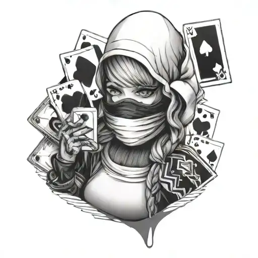 Balaclava Girl Holding A Gun With Cards Floating