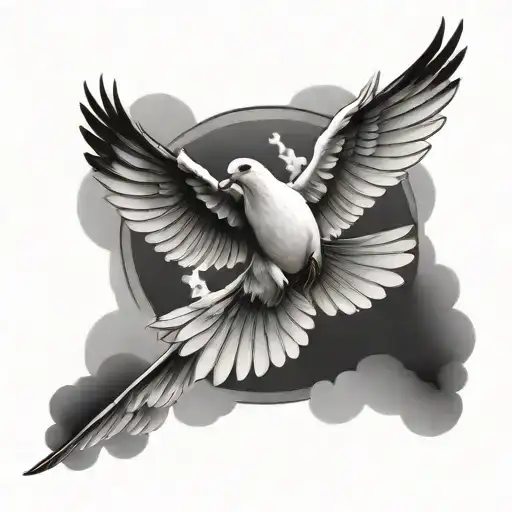 Dove Flying Surrounded By Clouds