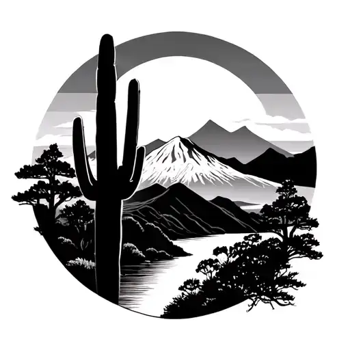 Japanese Sunrise With Mountains And Saguaro Cactus In The Foreground