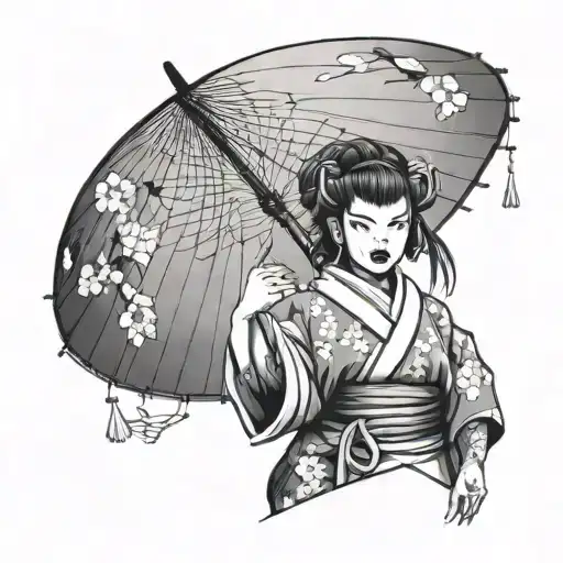 Japanese Demon Girl Wearing Kimono Holding An Umbrella