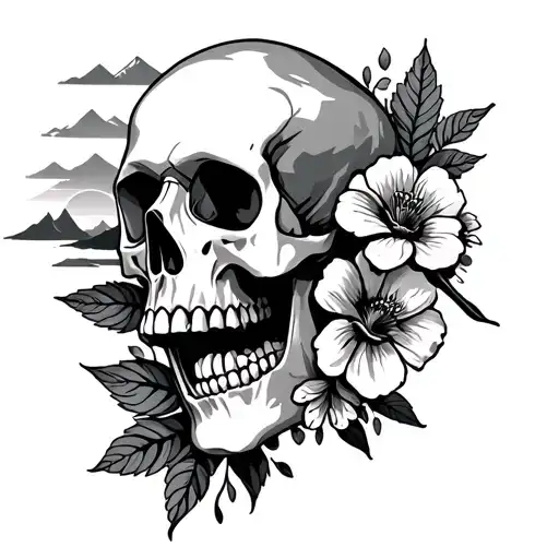 Skulls And Flowers With Mountains And Sunset Sky