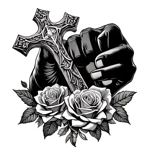 Black Fist Holding A Cross Surrounded By Roses