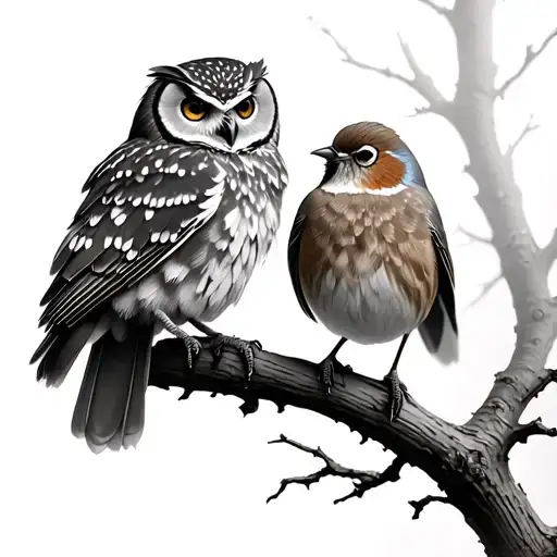 Owl And Robin Perched On A Brach Scene Blended Elements Of Nature