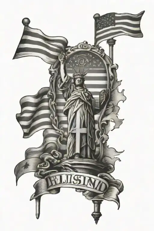 Ellis Island Usa Flag With Christian Cross