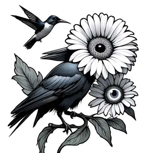 Raven Holding A Gerbera Daisy With Eyeball Center And Hummingbird