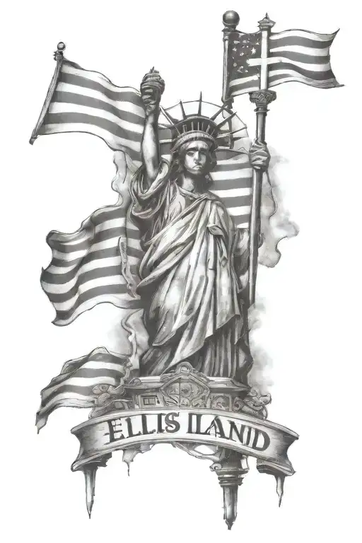 Ellis Island Usa Flag With Christian Cross Italy