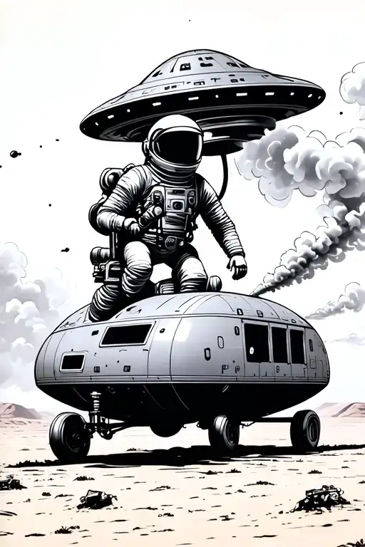 Gas Powered Ufo With A Astronaut Riding The Smoke Trailers In The Desert