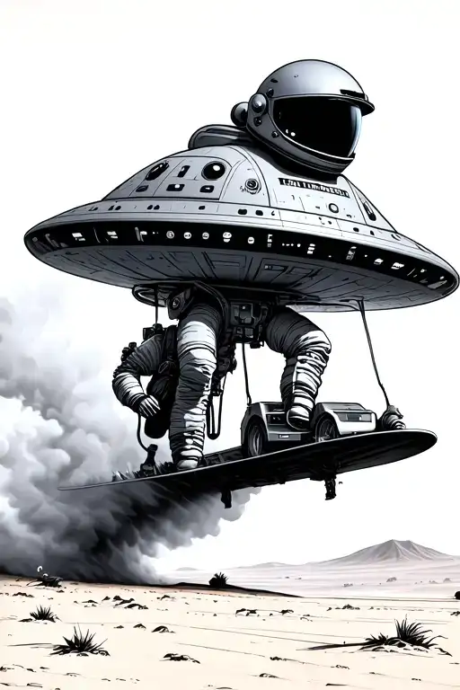 Gas Powered Ufo With A Astronaut Surfing The Smoke Trailers In The Desert