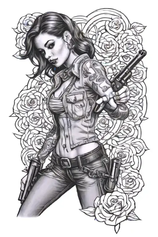 Create A Realistic Black And White Tattoo Design With A Chicano Girl Pointing With A Revolver