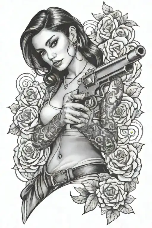 Create A Realistic Black And White Tattoo Design With A Chicano Girl Pointing With A Revolver