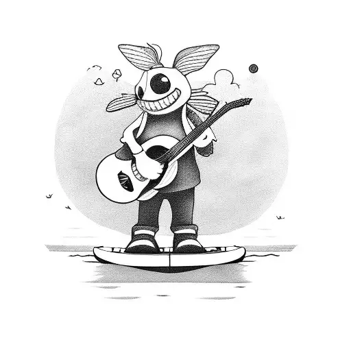 A Stitch Character Playing A Guitar On A Paddleboard