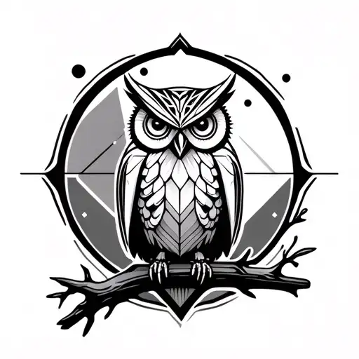 Geometric Owl Perched On A Branch Surrounded Geo Symteric Shapes Tatto