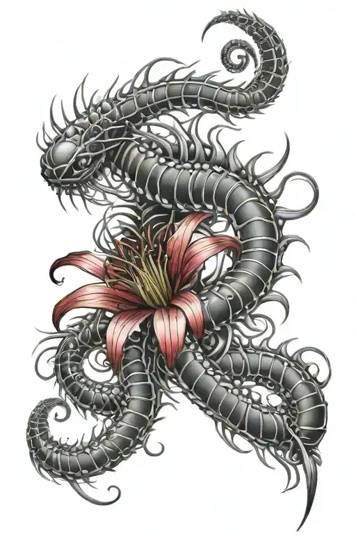 Centipede Spiralling Leg And Stomachsurround With Red Spider Lily Flower