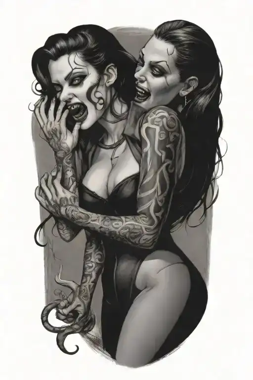 Gothic Realistic Pinup Girl Being Bitten By A Vampire