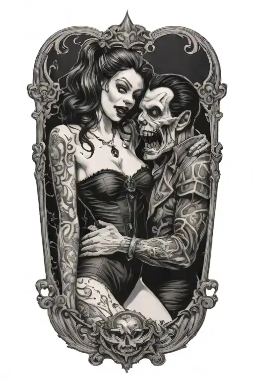 Gothic Realistic Pinup Girl Being Bitten By A Vampire With Spooky Background