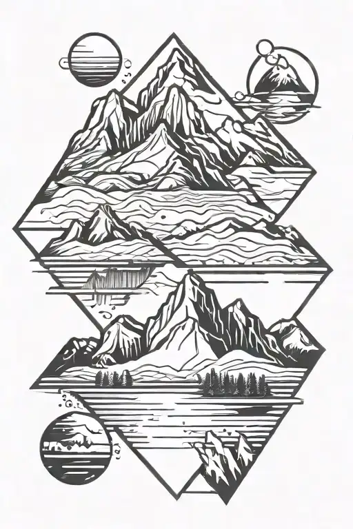 Stencil Mountain Range With A Lake In Geometric Shapes