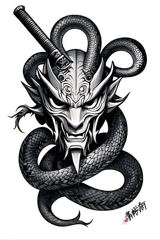 Oni Mask With Katana And Snake