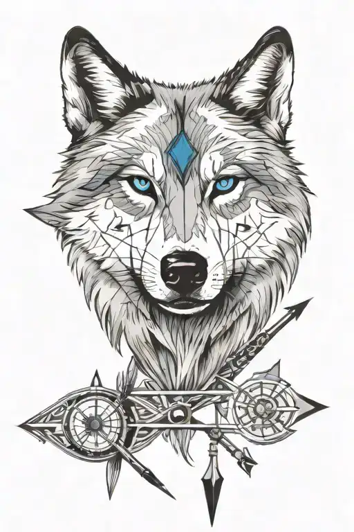 Wolf Face Blue Eyeswith A Compass In Mouth And Arrow Piercing