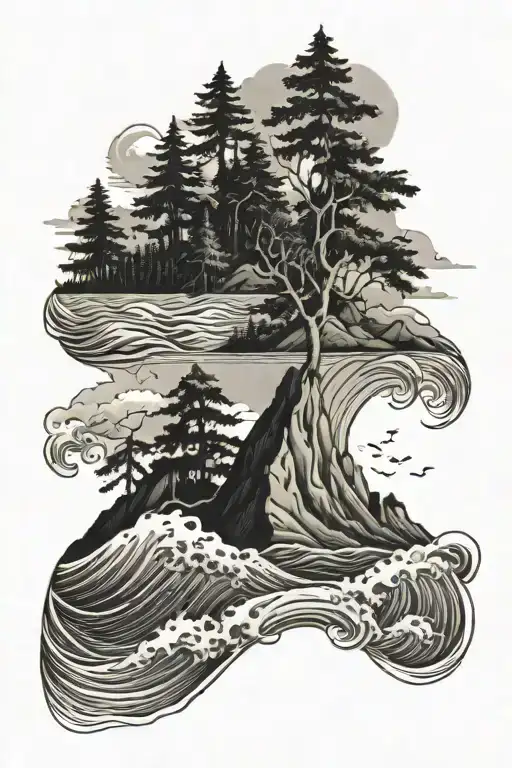 Ocean Waves And Mountain With Trees