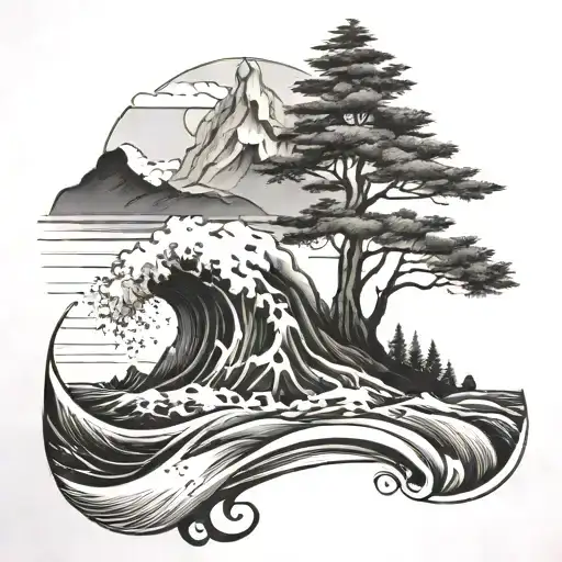 Ocean Waves And Mountain With Trees