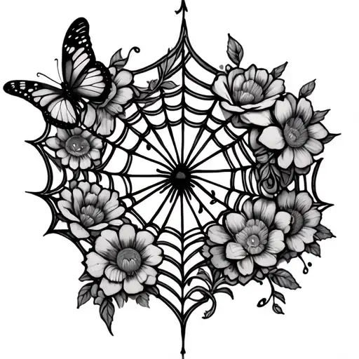 Spider Web Tattoo With Butterflies And Flowers Intertwined