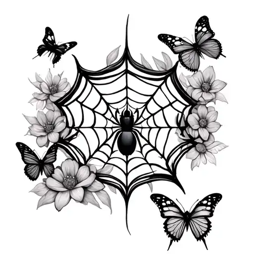 Spider Web With Spider Tattoo With Butterflies And Flowers Intertwined