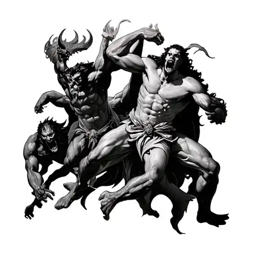 God Fighting Demons And Winning With Fighting Angles And Demons In Background