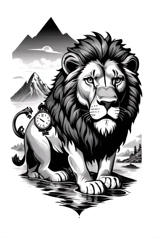 Lion With Clock And Mountain And River On A Side