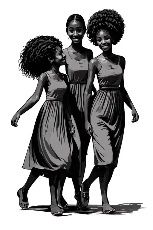 Black Mum And Three Daughters Walking Hand
