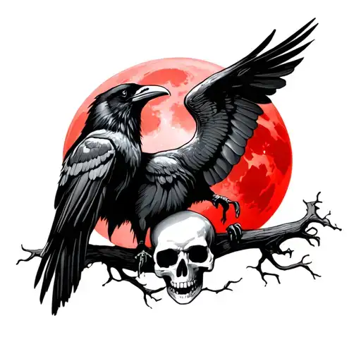 Traditional Style Raven With Open Wings On A Skull In Front Of A Blood Moon